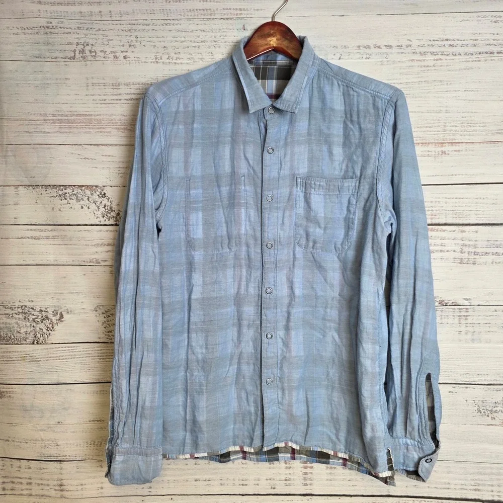 Banana Republic Camden Fit Reversible Shirt Mens Medium Plaid Blue Grey Cotton